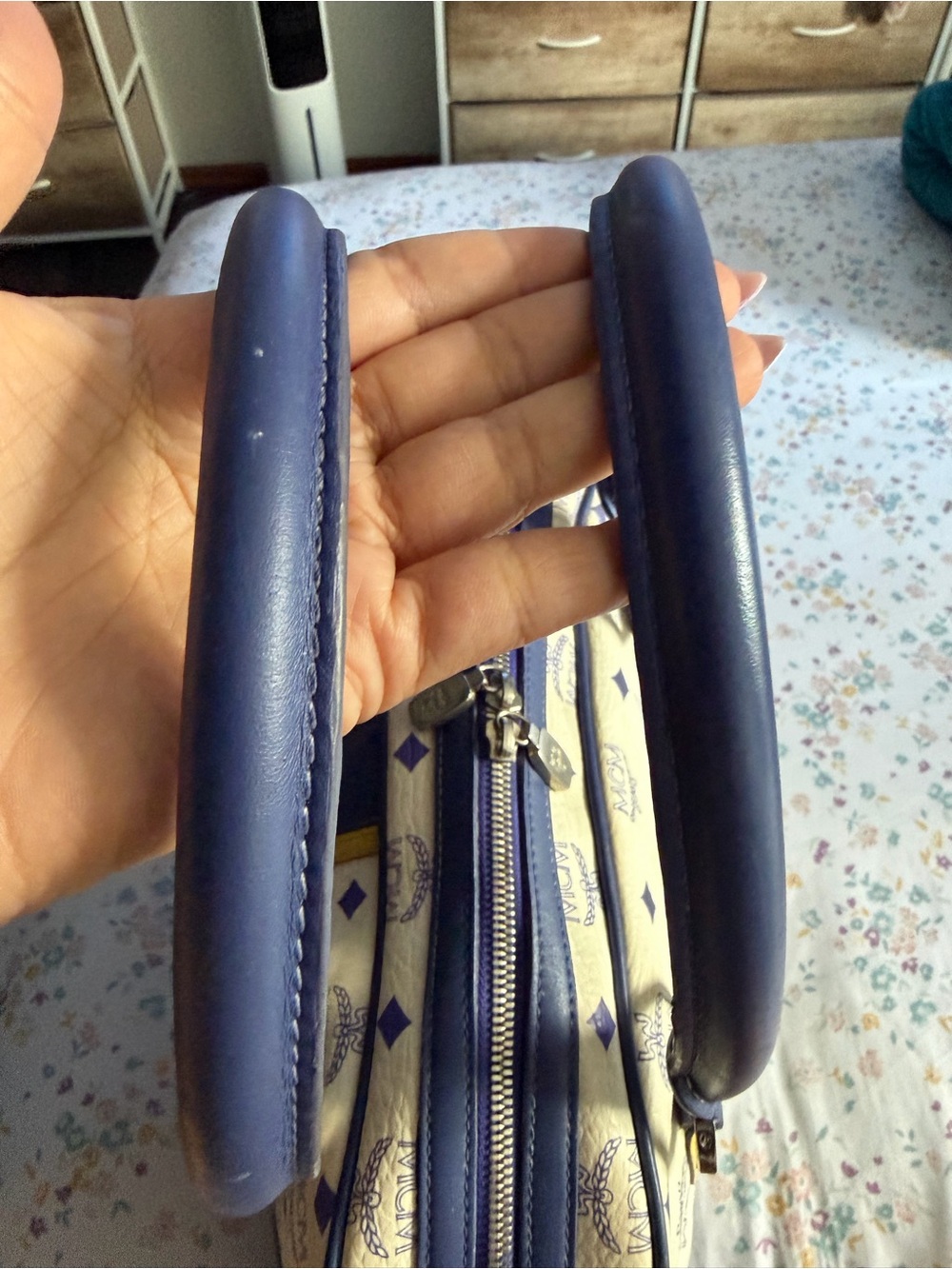 MCM Cream Satchel with Blue Trim and Yellow Accents - Picture 3 of 14